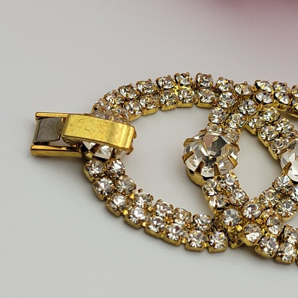 Vintage Gold Tone Clear Crystal Statement Chain Bracelet 7" Fold Over Clasp - Picture 2 of 15